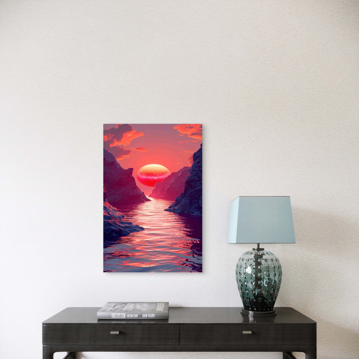 Majestic Landscape with Vivid Pink Sun Over Misty Mountains 60x90cm Metal Print Ready to Hang