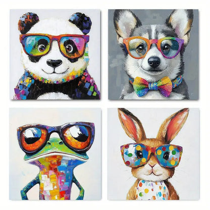 4pcs Colorful Cute Animals With Glasses Pandas Wall Art Canvas Framed
