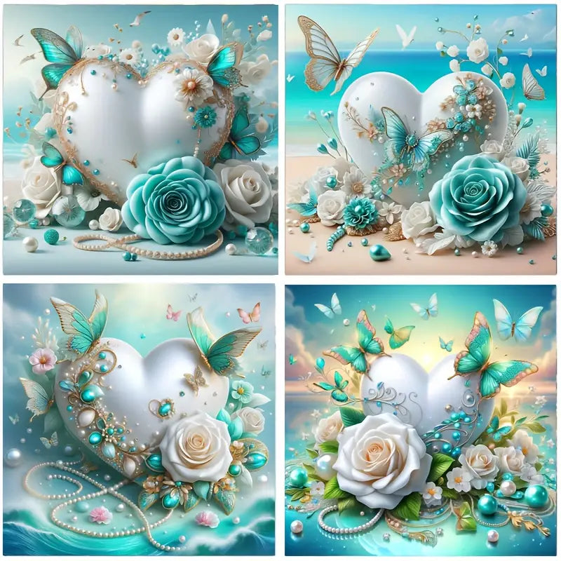 4pcs Green Heart-shaped Flower Wall Art Canvas Framed