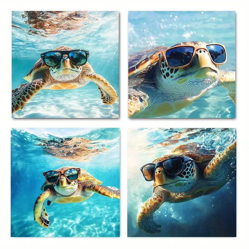 4pcs Turtle with Glasses Ocean Wall Art Canvas Framed