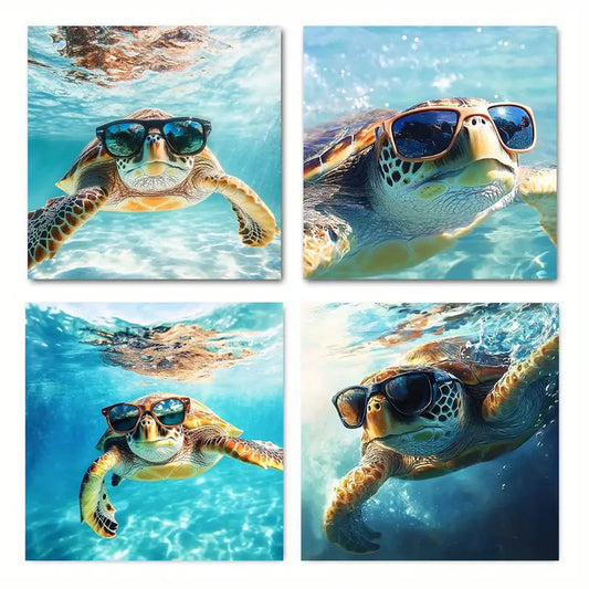 4pcs Turtle with Glasses Ocean Wall Art Canvas Framed