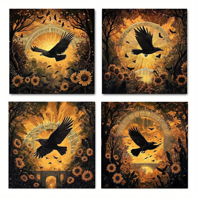 4pcs Wise Bird Flying Among Sunflowers Wall Art Canvas Framed
