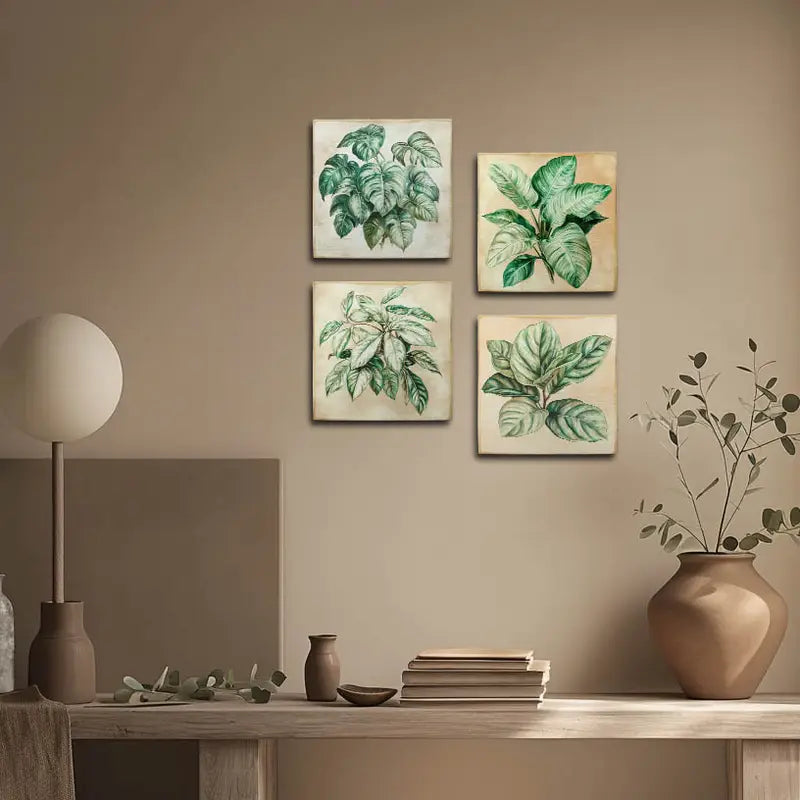 4pcs Green Leaves Decor Wall Art Canvas Framed
