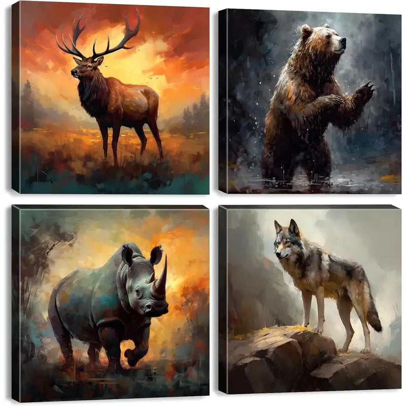 4pcs Elk Wolf Pictures Wall Art Canvas Framed