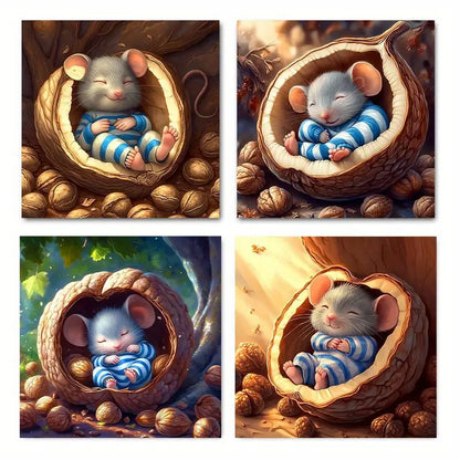 4pcs Blue & White Striped Mouse Wall Art Canvas Framed