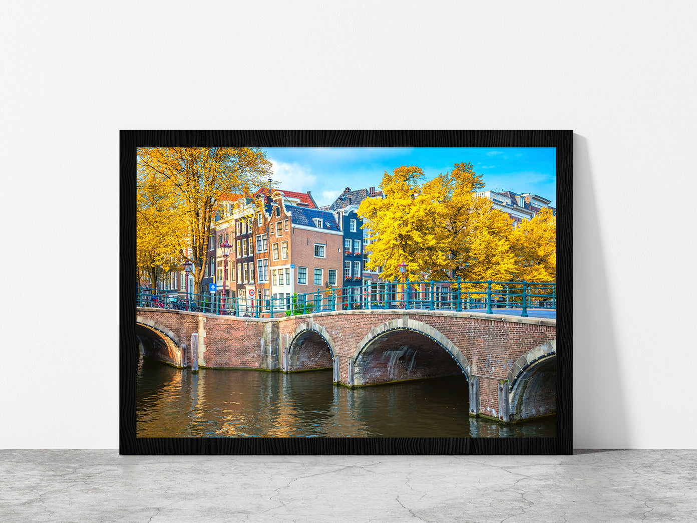 Houses & Bridge Cityscape Autumn Glass Framed Wall Art, Ready to Hang Quality Print Without White Border Black