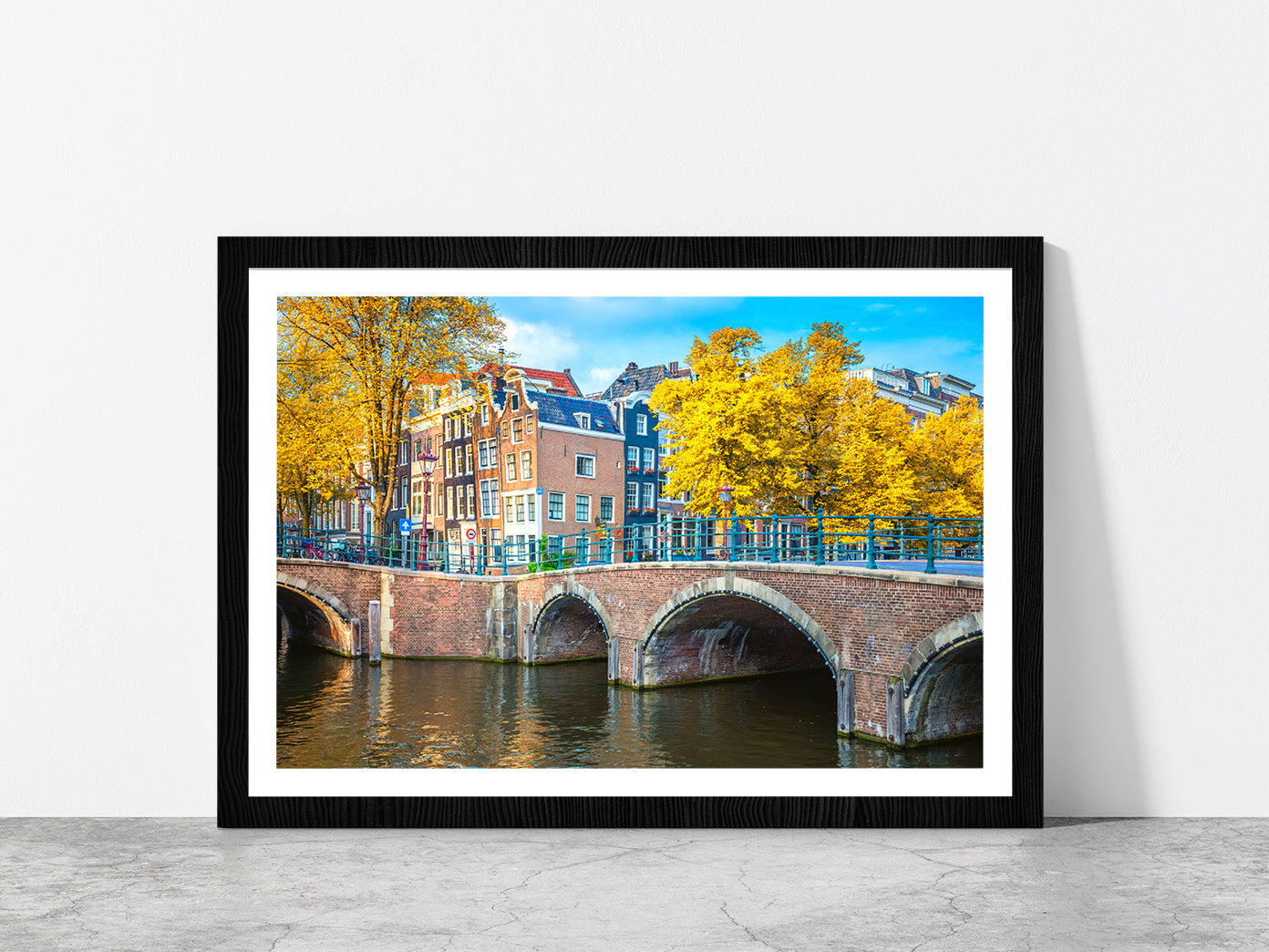 Houses & Bridge Cityscape Autumn Glass Framed Wall Art, Ready to Hang Quality Print With White Border Black