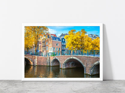 Houses & Bridge Cityscape Autumn Glass Framed Wall Art, Ready to Hang Quality Print Without White Border White