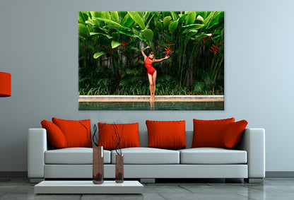 Woman in Red Swimsuit by Pool Wall Art Decor 100% Australian Made