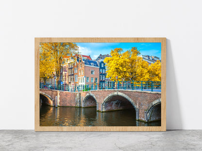 Houses & Bridge Cityscape Autumn Glass Framed Wall Art, Ready to Hang Quality Print Without White Border Oak