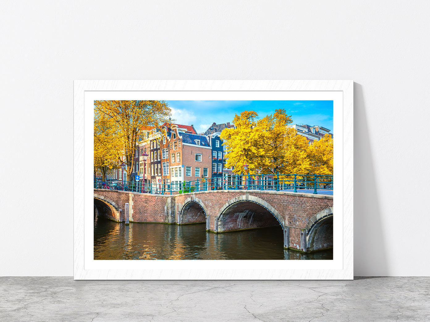 Houses & Bridge Cityscape Autumn Glass Framed Wall Art, Ready to Hang Quality Print With White Border White