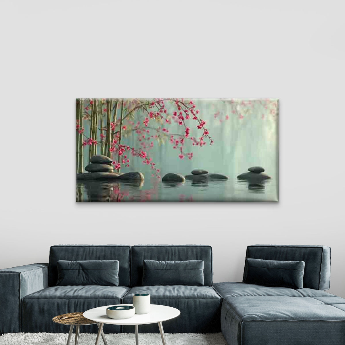 Pebbles & Cherry Blossoms Wall Art Canvas Office Home Room Framed 120x60cm