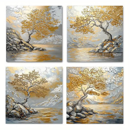4pcs  Vintage Golden Tree GT    Wall Art Canvas Framed