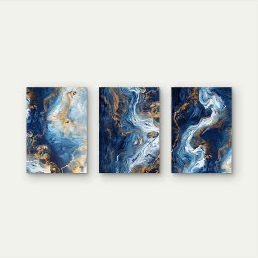 3pcs Abstract Blue Marble Fluid Gold Wall Art Set Canvas Framed 50x70cm - High Quality Print 100% Australian Made Wall Canvas Ready to Hang