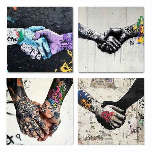 4pcs Street Graffiti Handshakes Wall Art Canvas Framed