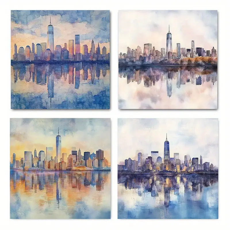 4pcs Abstract New York City skyline reflected Wall Art Canvas Framed