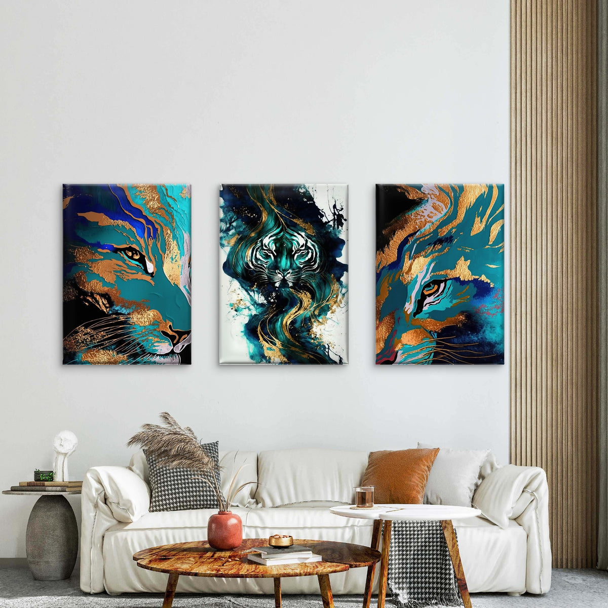 3pcs Abstract Tiger Marble Art Teal Gold Wall Art Set Canvas Framed 50x70cm - High Quality Print 100% Australian Made Wall Canvas Ready to Hang