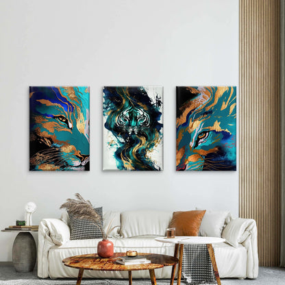 3pcs Abstract Tiger Marble Art Teal Gold Wall Art Set Canvas Framed 50x70cm - High Quality Print 100% Australian Made Wall Canvas Ready to Hang