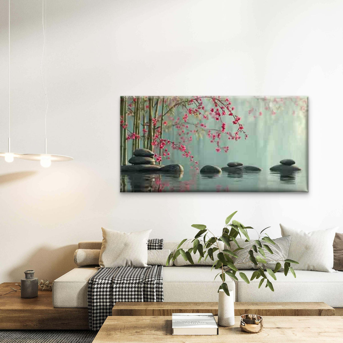 Pebbles & Cherry Blossoms Wall Art Canvas Office Home Room Framed 120x60cm