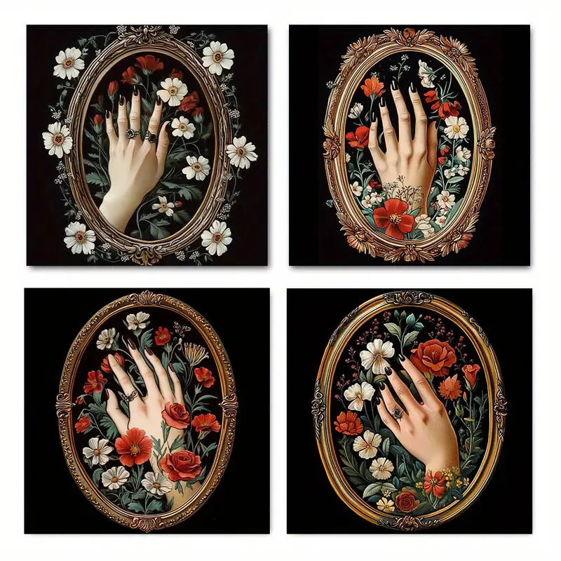 4pcs Vintage Tattoo-Style Floral Hand Illustrati Wall Art Canvas Framed