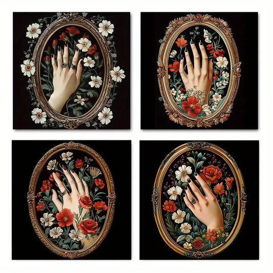 4pcs Vintage Tattoo-Style Floral Hand Illustrati Wall Art Canvas Framed