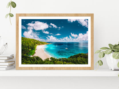 La Digue Island White Sandy Beach Glass Framed Wall Art, Ready to Hang Quality Print With White Border Oak