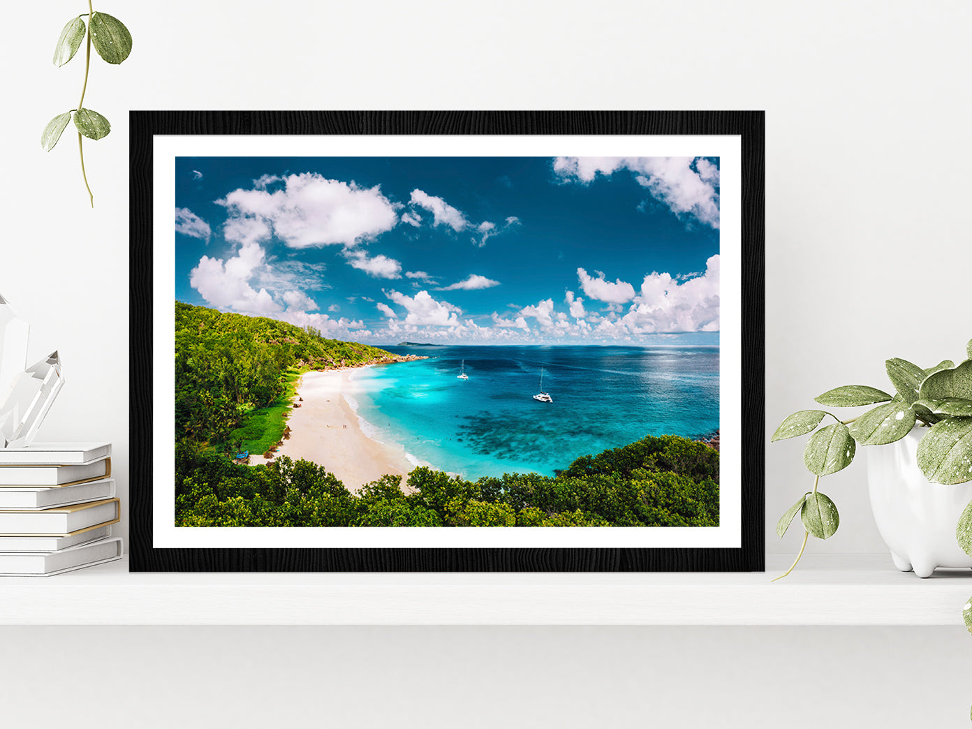 La Digue Island White Sandy Beach Glass Framed Wall Art, Ready to Hang Quality Print With White Border Black