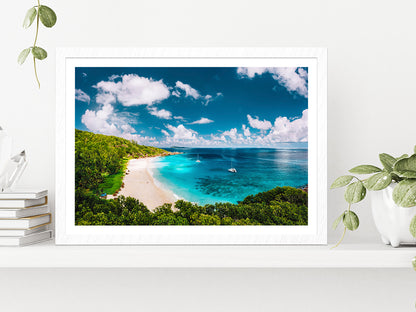 La Digue Island White Sandy Beach Glass Framed Wall Art, Ready to Hang Quality Print With White Border White