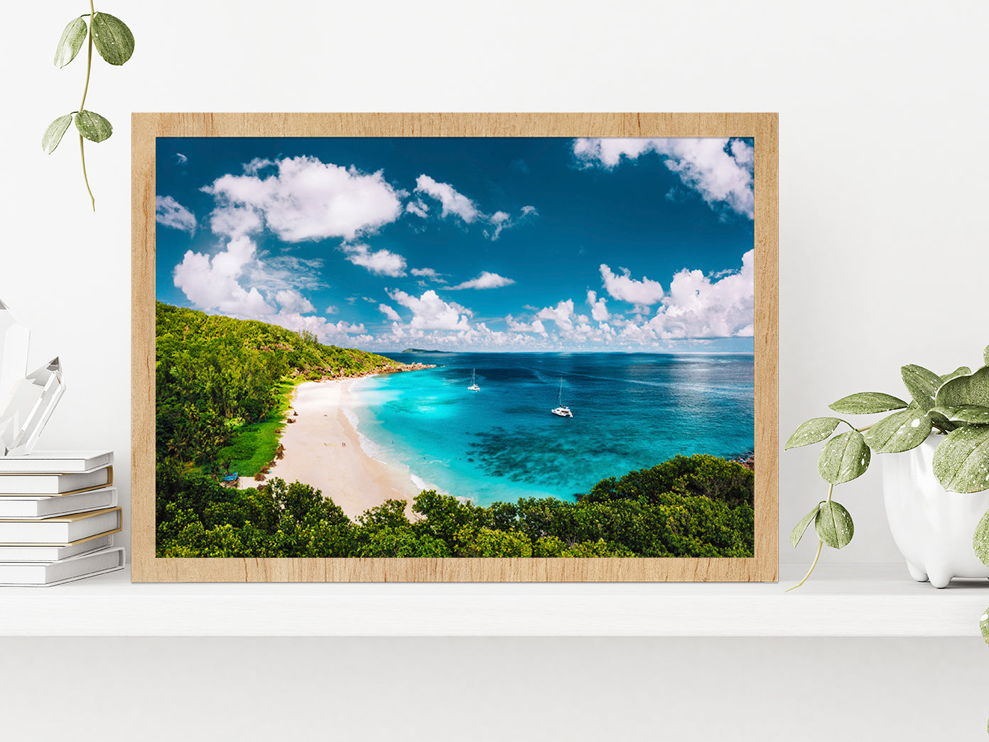 La Digue Island White Sandy Beach Glass Framed Wall Art, Ready to Hang Quality Print Without White Border Oak