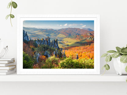 Rocks & Hills In Autumn Season Glass Framed Wall Art, Ready to Hang Quality Print With White Border White