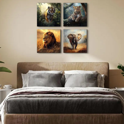 4pcs Lion Elephant Tiger Panther  Wall Art Canvas Framed