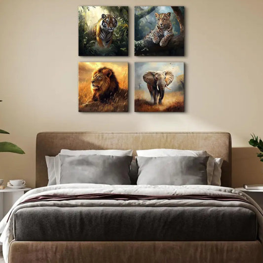 4pcs Lion Elephant Tiger Panther  Wall Art Canvas Framed