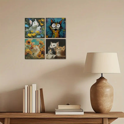 4pcs  Funny Cat Wall Art Canvas Framed
