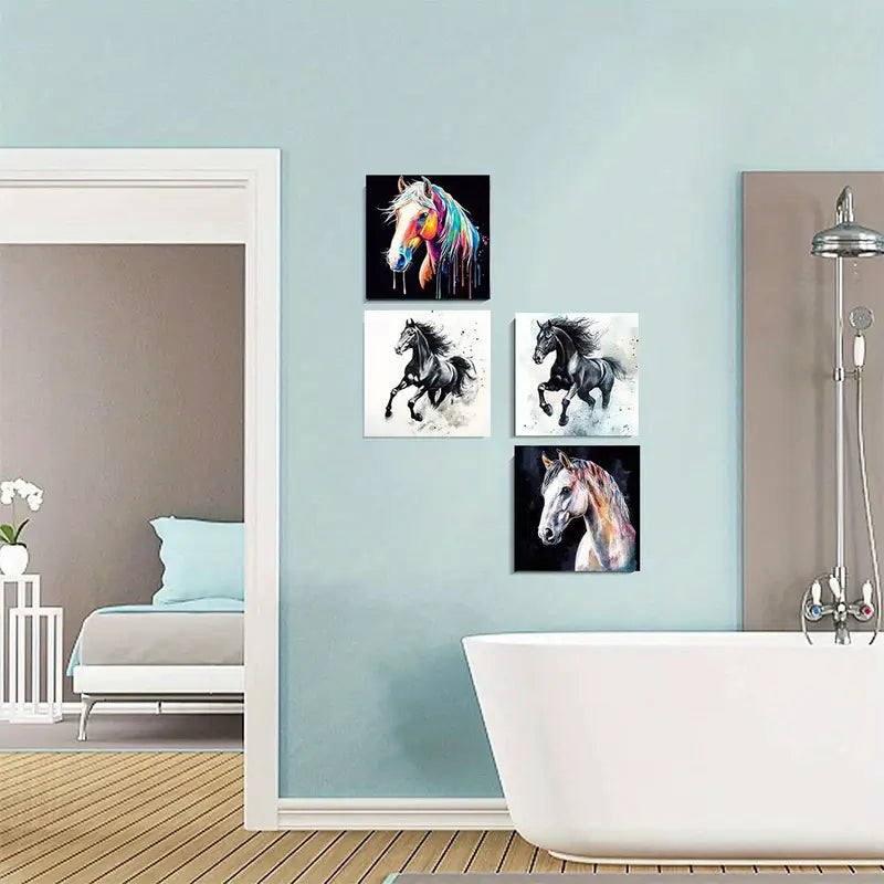 4pcs Colorful Running Horses Wall Art Canvas Framed