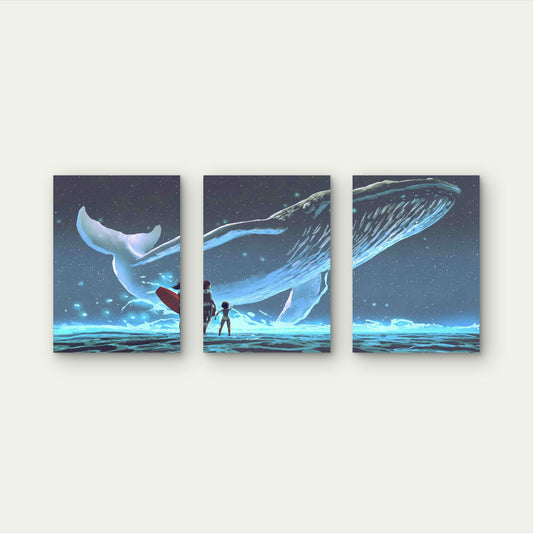 3pcs Giant Whale in Starry Night Sky Metal Print Ready to Hang Art