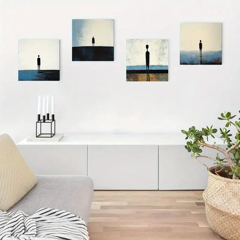 4pcs Minimalist Blue And Black Figures Wall Art Canvas Framed