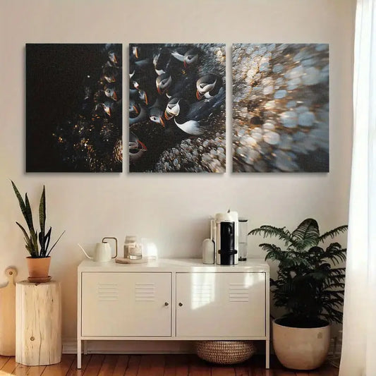 3pcs Puffins Huddled Together Classic Design Metal Print Ready to Hang Art