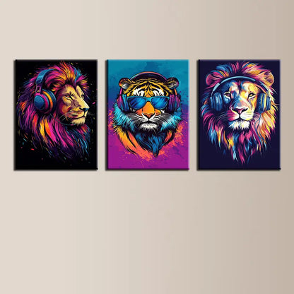 3pcs Modern Headphone Lions & Tigers Metal Print Ready to Hang Art