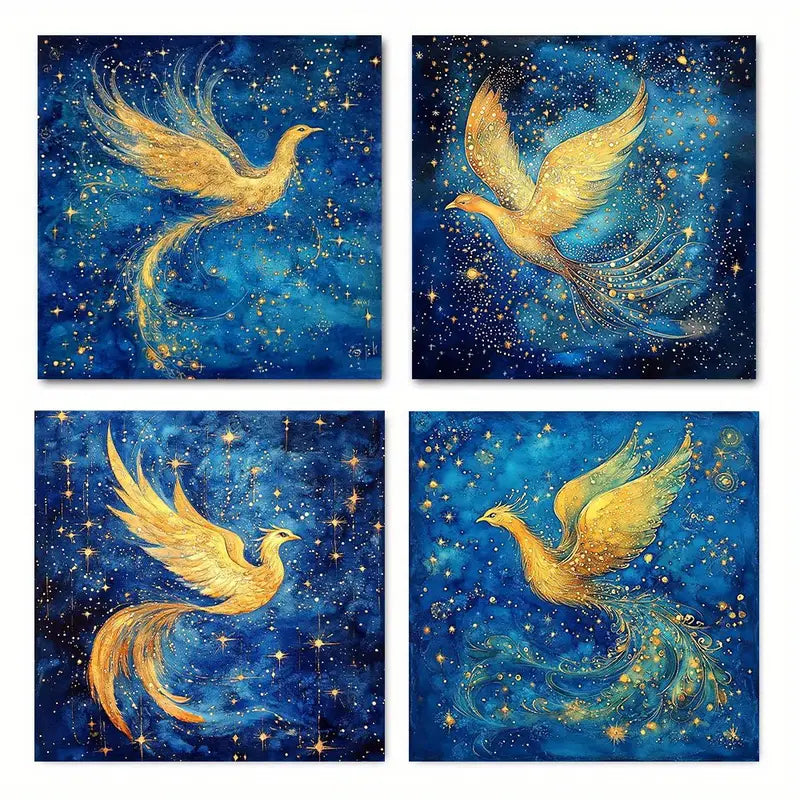 4pcs Phoenix Moon Stars Sky PS  Wall Art Canvas Framed