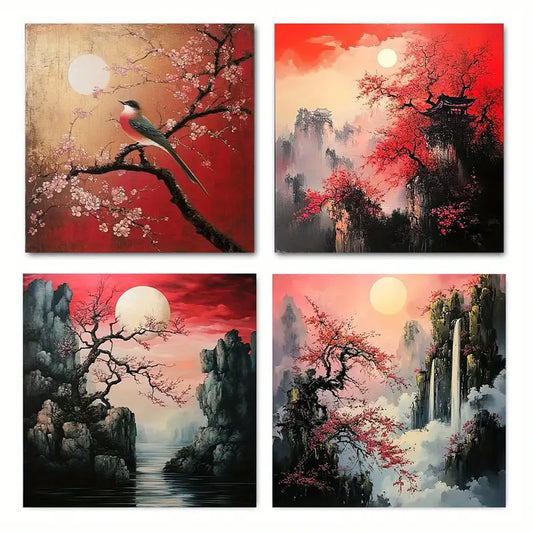 4pcs  Cherry Blossom & Red Sunset Prints TY Wall Art Canvas Framed