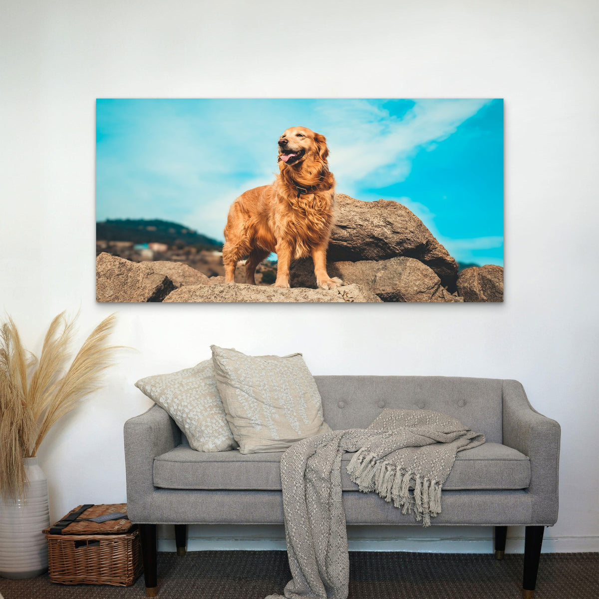 Golden Retriever On Rocks Wall Art Canvas Office Home Room Framed 120x60cm