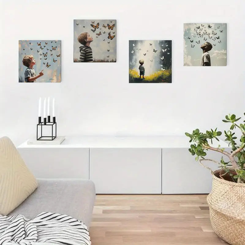 4pcs Graffiti Boy & Butterflies Wall Art Canvas Framed
