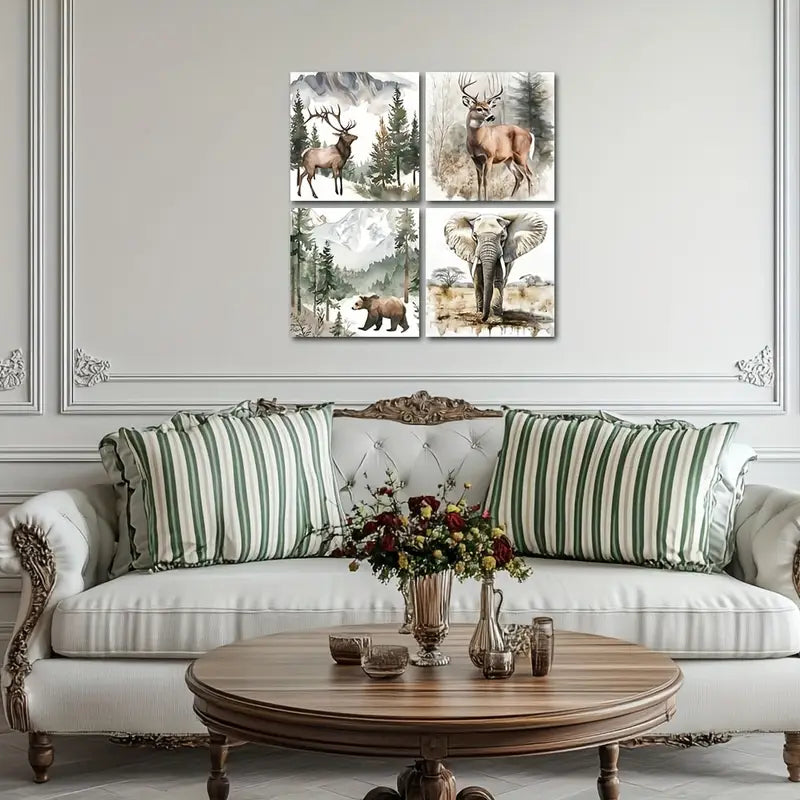 4pcs Deer Bear Elephant Picture Wall Art Canvas Framed