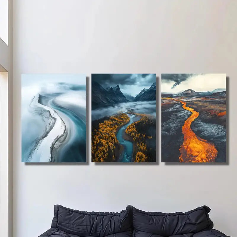 3pcs Glacier, Volcano & Lava Flow Triptych Metal Print Ready to Hang Art