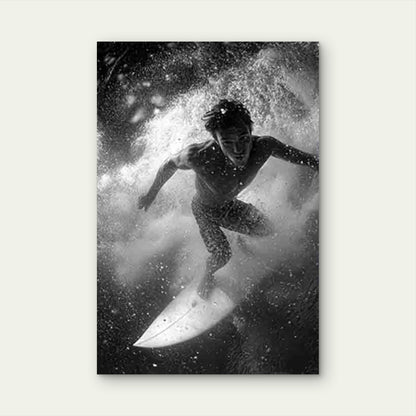 Black & White Dynamic Surfer Wave Photo 60x90cm Metal Print Ready to Hang