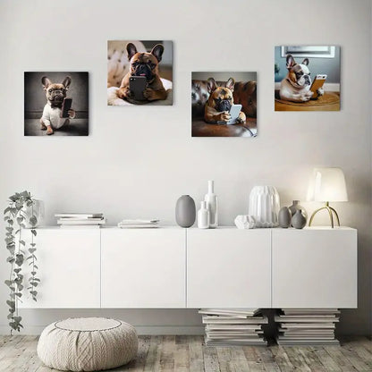 4pcs Funny French Bulldog On Toile Wall Art Canvas Framed