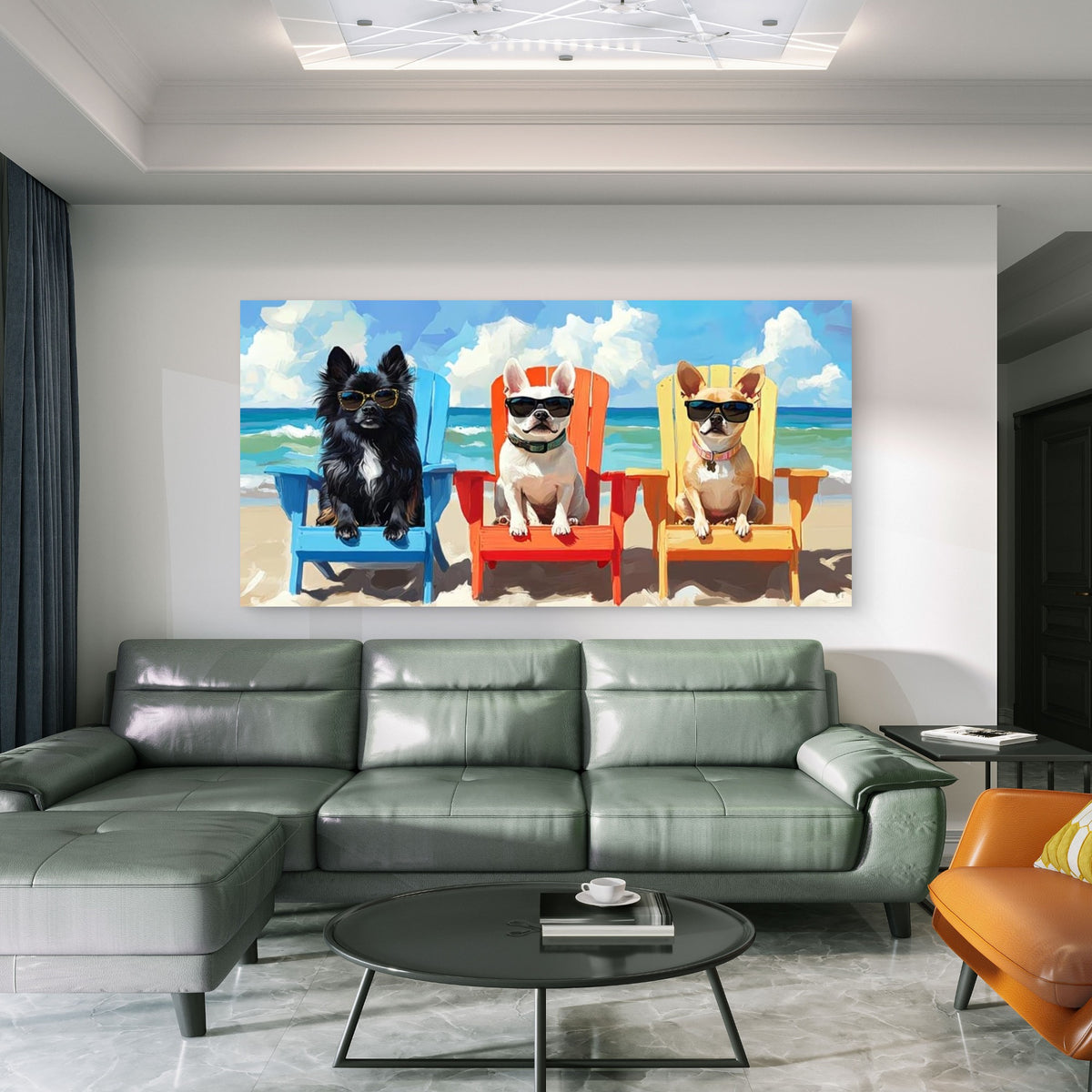 Beach Dogs in Fashion Glasses Wall Art Canvas Office Home Room Framed 120x60cm