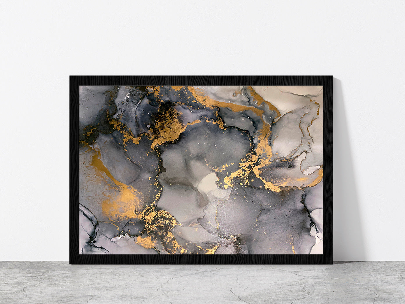 Grey Gold Abstract Fluid Art Glass Framed Wall Art Ready to Hang Quality Print