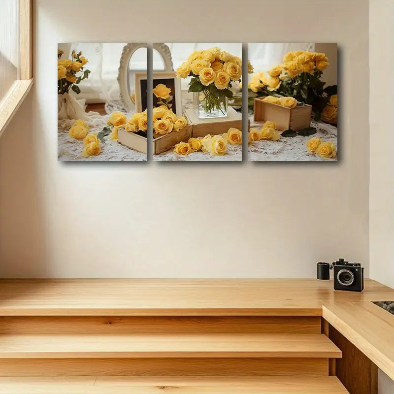 3pcs A Yellow Rose Metal Print Ready to Hang Art