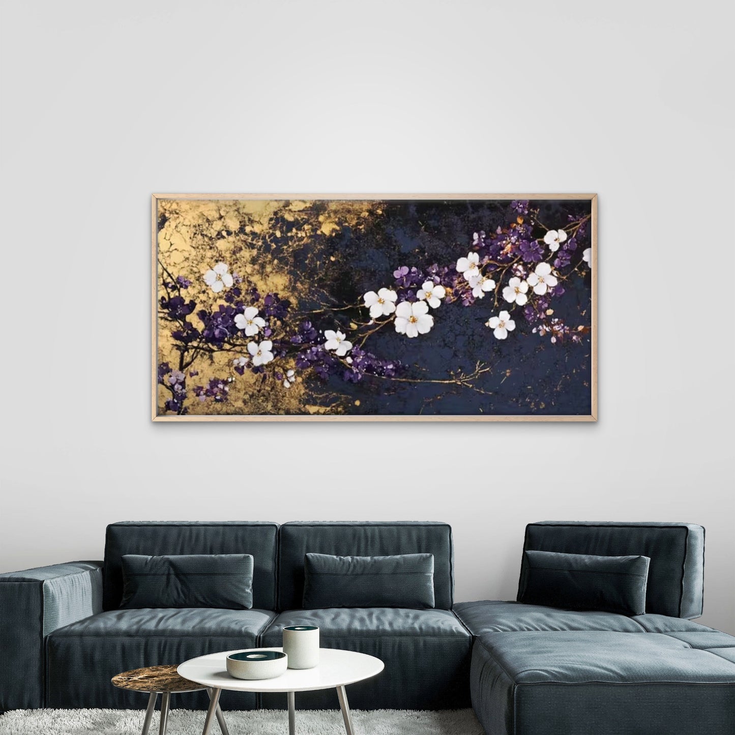 White Flowers on Golden Wall Art Canvas Office Home Room Framed 120x60cm